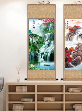 流水生财酒店字画茶楼装饰挂画名家画丝绸礼品送客j户卷轴风水字
