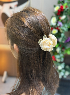 仙气网纱花朵抓夹女高级感头花发夹后脑勺优雅鲨鱼夹子发卡2024款