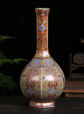 仿古中式珐琅彩开窗花鸟胆瓶瓷器 景德镇家居客厅装饰摆件工艺品
