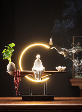 陶瓷白色倒流香创意灯圈禅意小和尚茶桌茶台小摆件精品家居装饰品