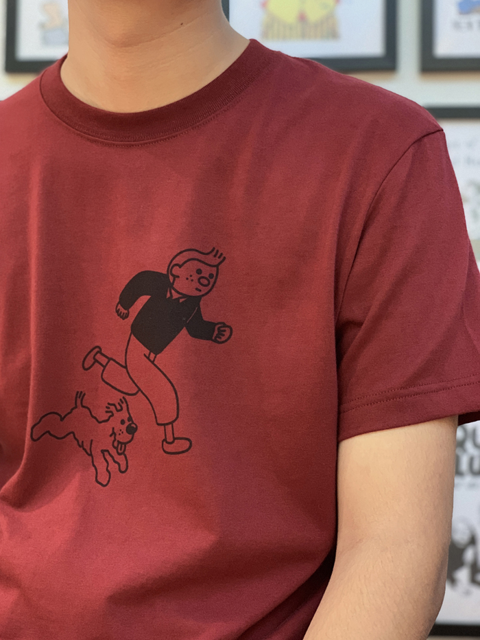 暗红色90年代美式复古丁丁历险记动画古着咔叽纯棉短袖T恤酒红色 - 图1
