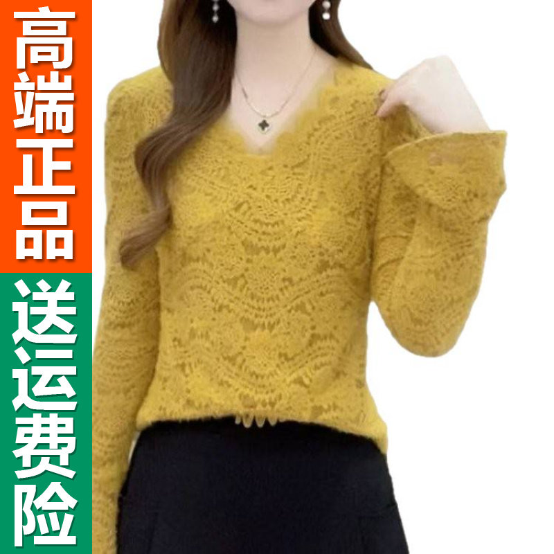 正品2025秋冬新款时尚v领磨毛蕾丝加绒百搭打底上衣 - 图3