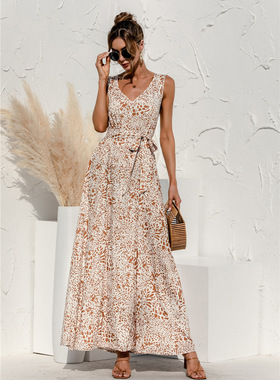 2025夏季新款女装黑色无袖连衣裙宽松V领印花长裙 Women's dress