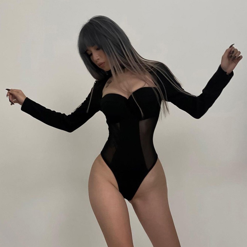 Square Neck Panel Long Sleeve Bodysuit  方领拼接长袖连体衣女 - 图1