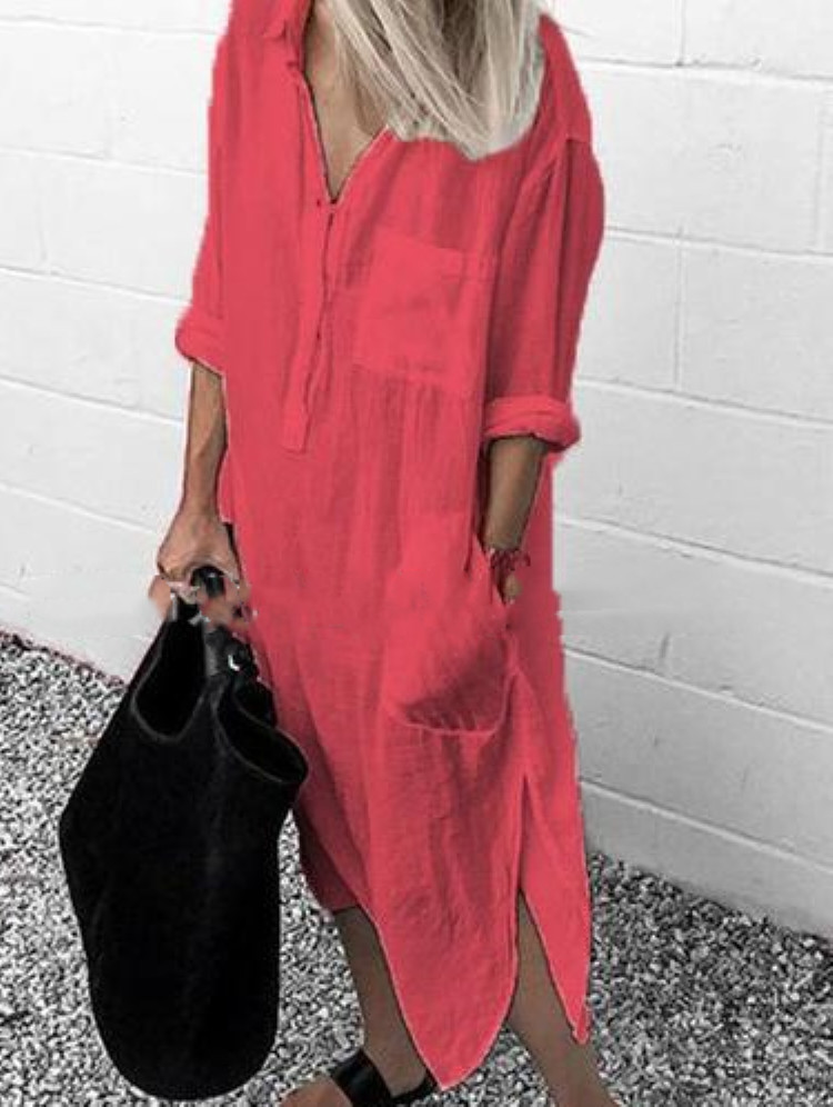 Split Dresses Solid Color Loose Work Office Dress Tunic Robe-图2