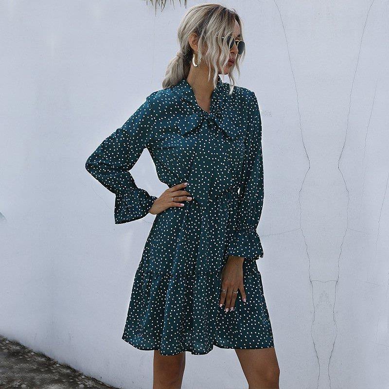 2021 Polka Dot Collar Flare Long Sleeve ShortDress短款连衣裙 - 图0