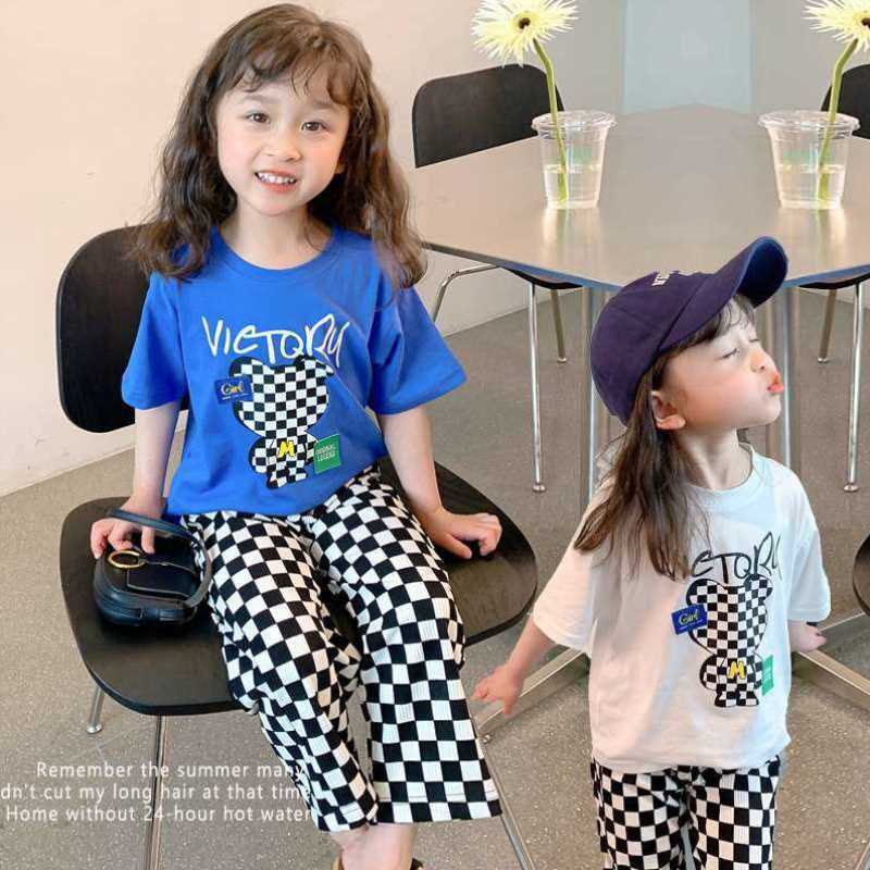 女童套装夏装2022新款T恤短袖两件套中小童棋盘格裤子3小女孩衣服