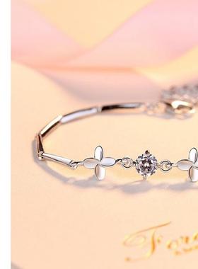 大方镀纯银S925白金幸运镶50四爪18K分莫桑石时尚手链四叶草简约