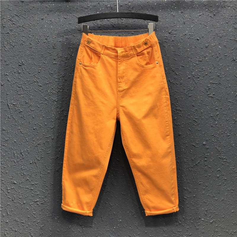 艾天丽旗舰店艾天丽糖果色休闲百搭松紧腰牛仔裤女夏季新款宽松八分哈伦裤0