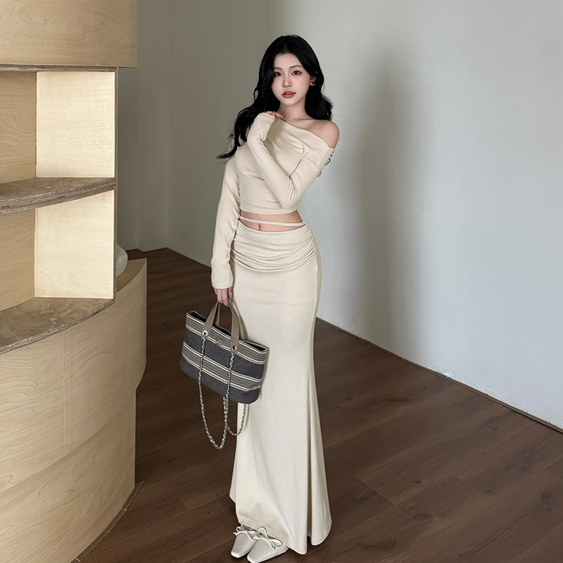 instahot斜肩露腰长袖套装裙女秋季流行风格轻奢宴会约会时尚套装,淘宝优惠券,粉丝福利购,淘宝优惠卷