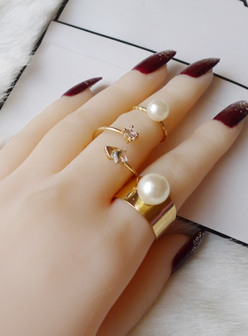 韩版夸张复古金属宽面珍珠二件套关节开口戒指时尚百搭麻花指环女