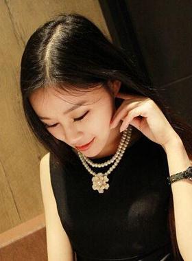 日韩潮流小众设计感双层珍珠项链甜美淑女名媛气质山茶花朵锁骨链