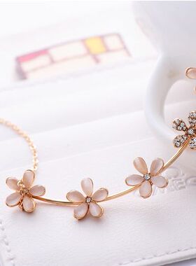 韩版新款甜美小清新猫眼石五朵小花项链轻奢小众设计感颈链蛇骨链