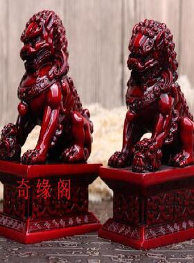 仿铜狮子摆件一对北京狮白玉狮子摆件看门玄关桌面装饰品摆件
