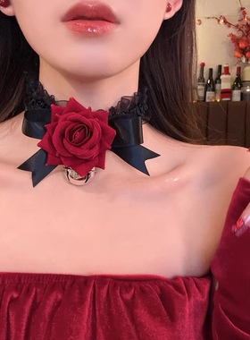 暗夜玫瑰红色玫瑰项链女荆棘choker颈链新年项圈拍照装扮配饰品