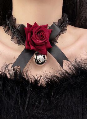 黑暗系Lolita黑色蝴蝶结玫瑰铃铛项链女蕾丝颈链锁骨链choker颈带