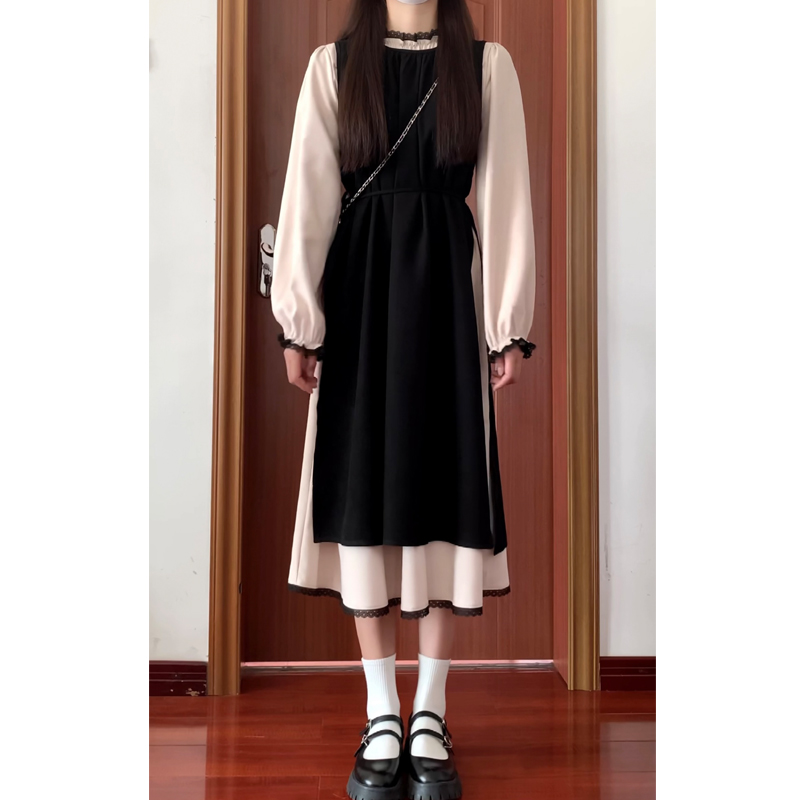 安小落黑色两件套装裙子2023秋装新款长袖设计感拼接刺绣边连衣裙