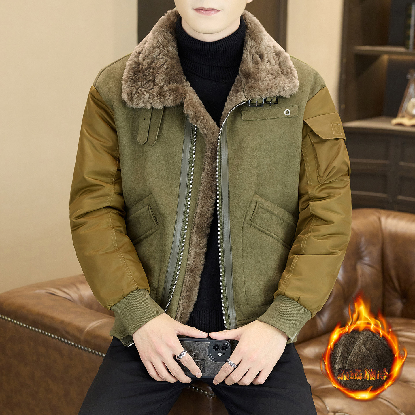 高级感男士皮毛一体外套军绿色毛领夹克加厚保暖防寒棉服帅气皮草,淘宝优惠券,粉丝福利购,淘宝优惠卷