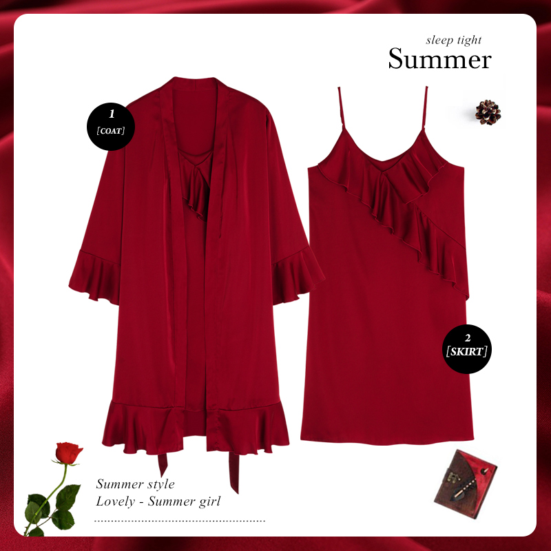 思莉太太情侣夏季冰丝性感红色睡衣 思莉太太睡衣/家居服套装