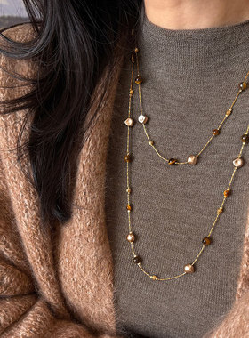 美拉德虎眼石叠戴仿珍珠毛衣链女