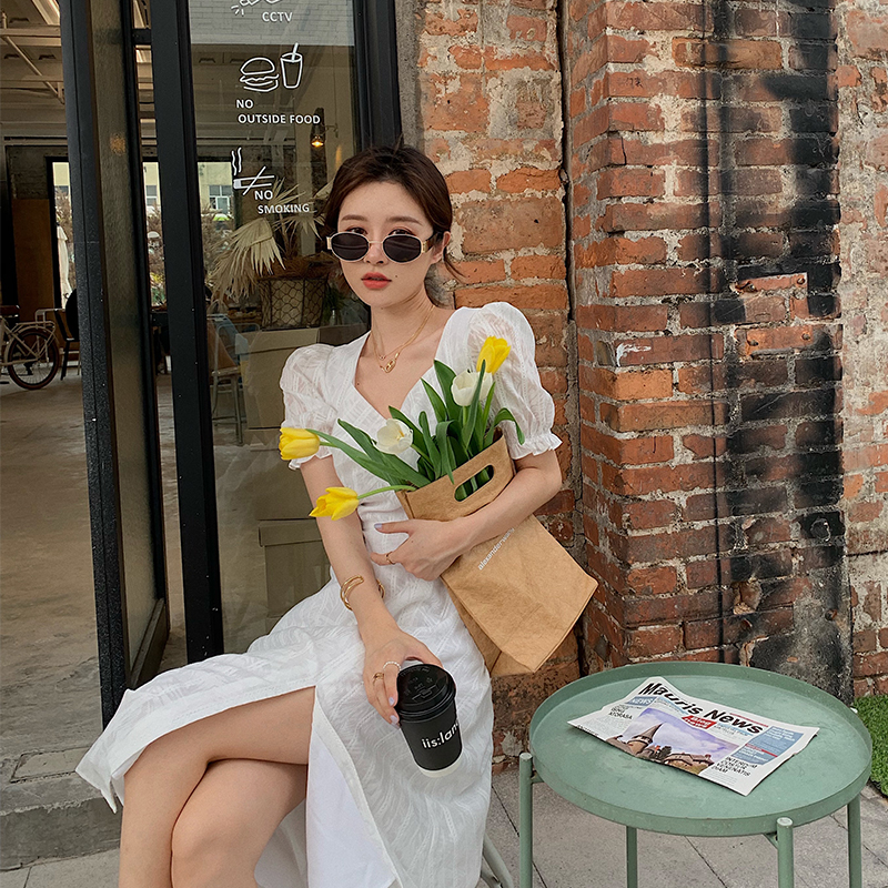 大花媛 法式复古开叉收腰鸡心领夏白色泡泡袖订婚裙连衣裙子女 dhy 大花媛 法式复古开叉收腰鸡心领夏白色泡泡袖订婚裙连衣裙子女 dhy