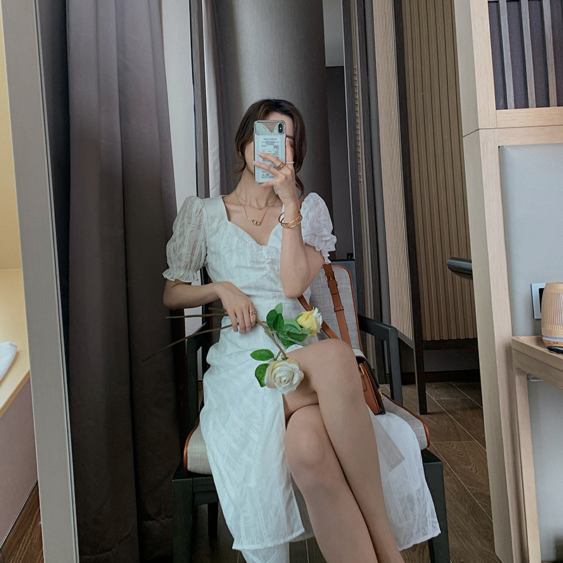 大花媛 法式复古开叉收腰鸡心领夏白色泡泡袖订婚裙连衣裙子女 dhy 大花媛 法式复古开叉收腰鸡心领夏白色泡泡袖订婚裙连衣裙子女 dhy