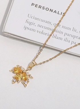 韩版时尚黄色锆石枫叶吊坠项链女