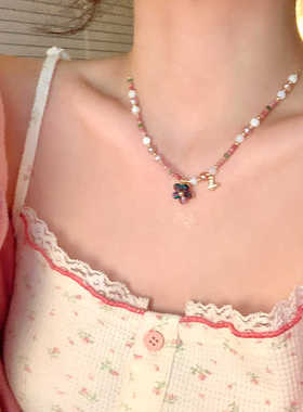 春日来信~天然石彩色串珠花朵吊坠项链女多巴胺度假风颈链锁骨链