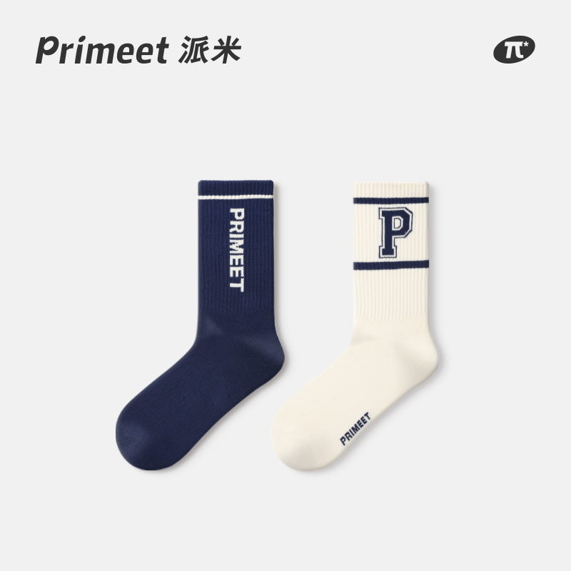 PRIMEET/派米袜子女秋冬中筒袜海军风条纹运动字母冬季外穿长袜棉