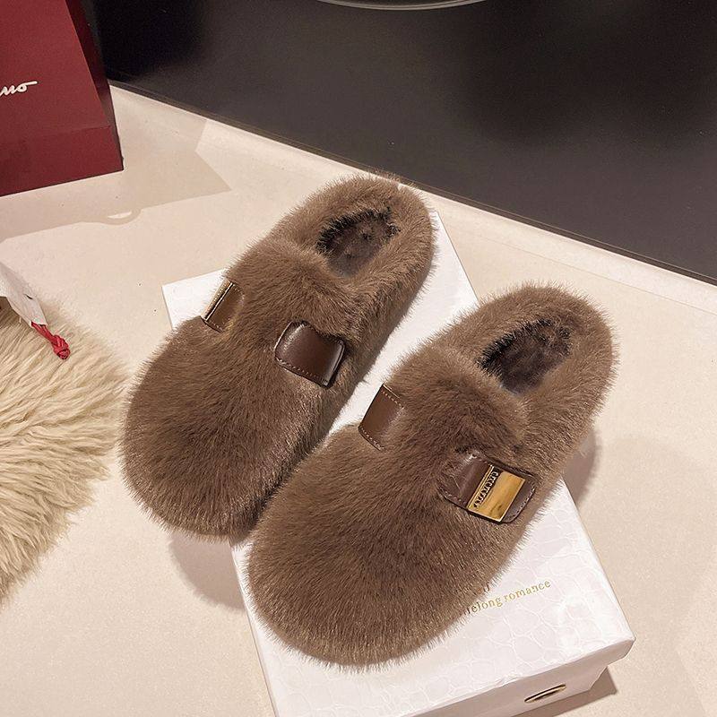 小众皮扣毛毛鞋拖鞋女鞋子外穿新款秋冬季复古加绒棉鞋包头半拖鞋,淘宝优惠券,粉丝福利购,淘宝优惠卷