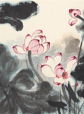 大千国画荷花四尺横幅花鸟真迹高清复制画艺术微T喷宣纸画心