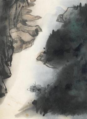 大千《小桥流水图立轴》复古书画山水重彩国画真迹k微喷挂抽装裱
