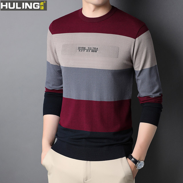 Men's knitted bottoming shirt, fashionable round neck sweater, striped trend, spring and autumn men's clothing, thin section, middle-aged dad clothing