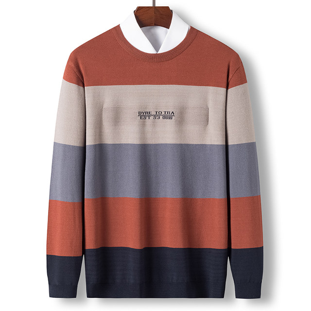 Men's knitted bottoming shirt, fashionable round neck sweater, striped trend, spring and autumn men's clothing, thin section, middle-aged dad clothing