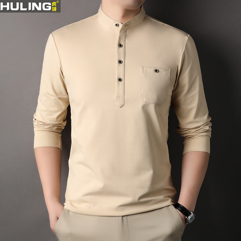立领长袖t恤男士纯棉带扣立领打底衫潮流青年春秋季口袋休闲上衣