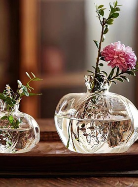 ins风锤纹小石榴干花花瓶日式手作花器玻璃工艺品摆件创意