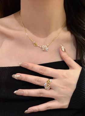 奢华满钻设计双生玫瑰花项链女轻奢气质山茶花手链小香风戒指套装