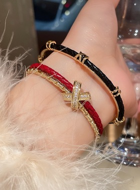 复古交叉红色编织皮绳手链