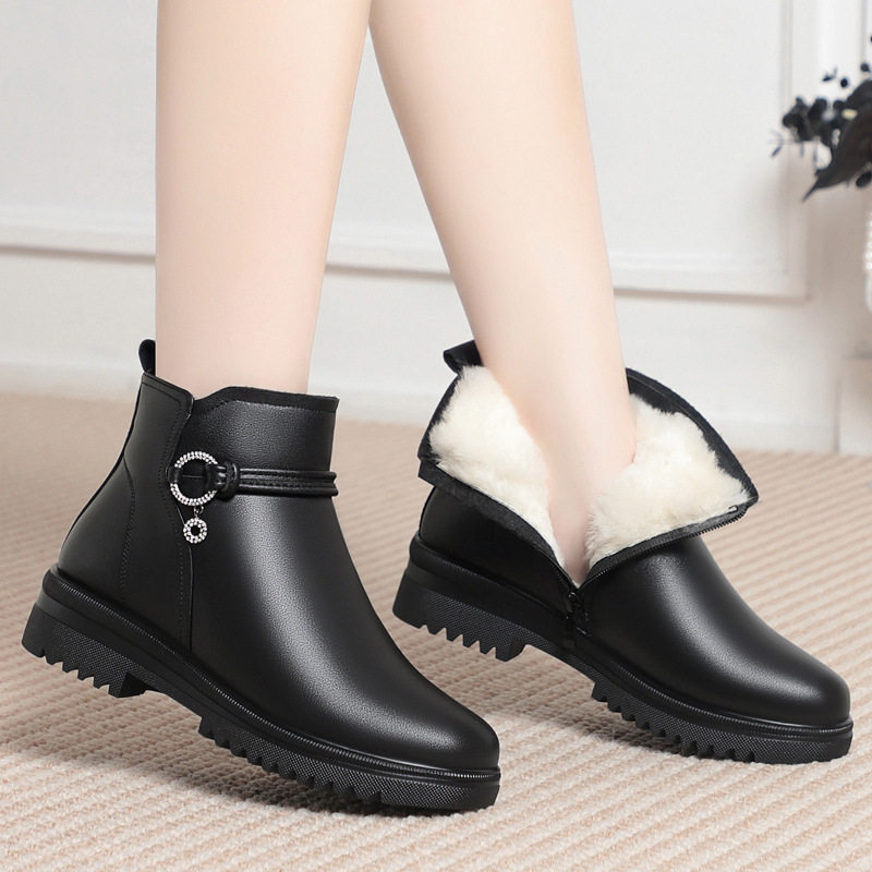 冬季羊毛皮鞋中年女士高帮短靴真皮圆头平底加绒皮靴妈妈棉鞋冬鞋,淘宝优惠券,粉丝福利购,淘宝优惠卷