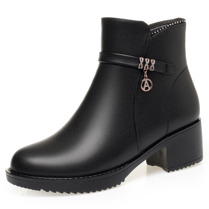 女冬新款百搭加绒女靴皮鞋圆头真皮舒适中年妈妈棉鞋粗跟冬季短靴,淘宝优惠券,粉丝福利购,淘宝优惠卷