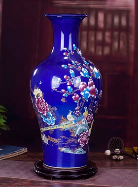 景德镇仿古宝石蓝摆件葫芦花瓶