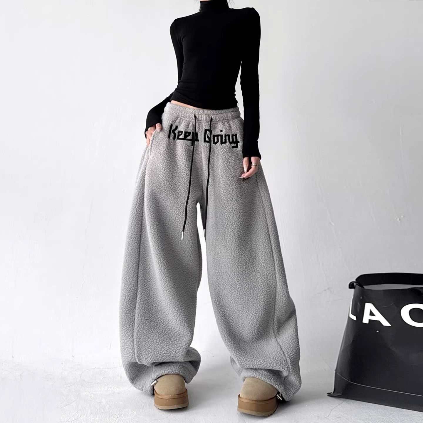 MDCW STUDIO美式慵懒风羊羔毛宽松阔腿裤女2025冬装保暖休闲裤子,淘宝优惠券,粉丝福利购,淘宝优惠卷