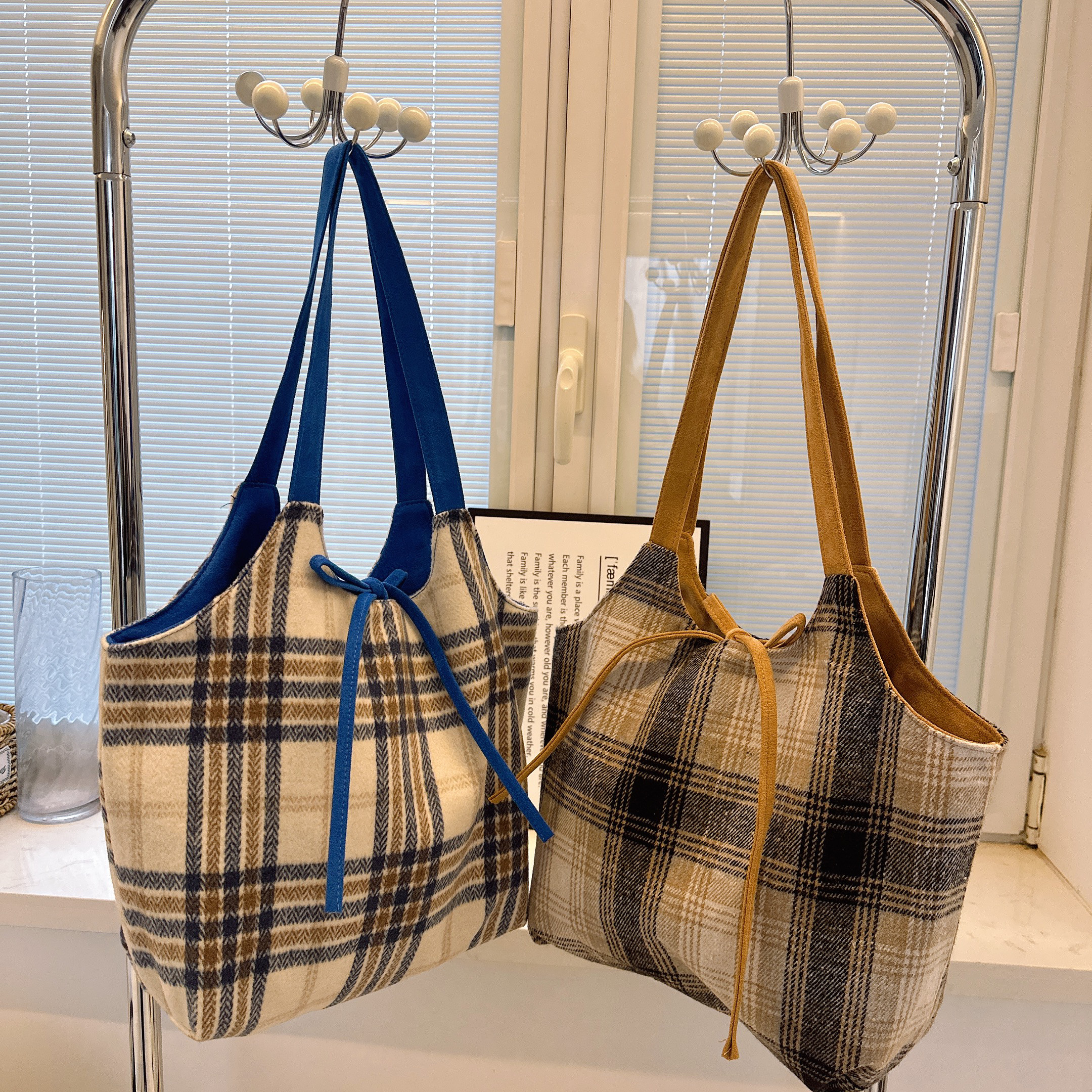 嗨橙日韩ins毛呢格纹背心包大容量单肩包购物袋百搭帆布包女秋冬,淘宝优惠券,粉丝福利购,淘宝优惠卷