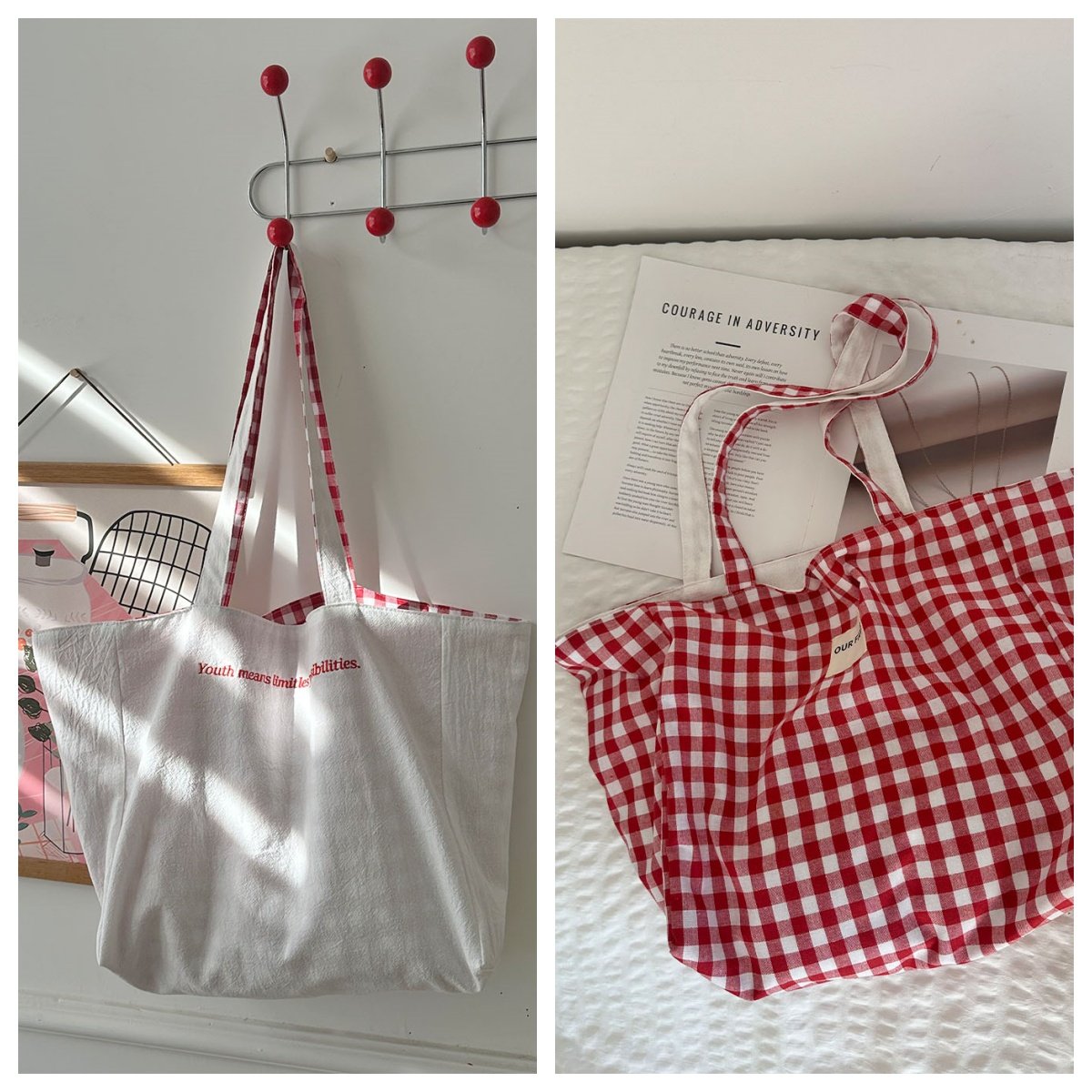 2026春夏新款托特包韩系慵懒风帆布包简约刺绣双面包格纹撞色布袋,淘宝优惠券,粉丝福利购,淘宝优惠卷