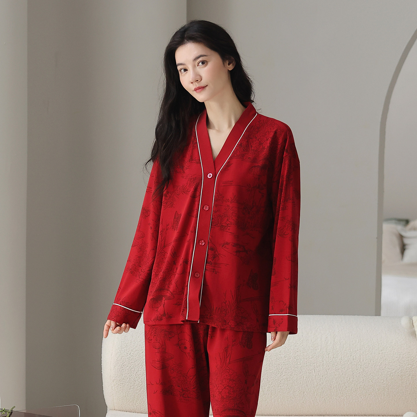 三枪秋冬新款红色新婚超柔软家居服开襟女士纯棉睡衣本命年马年,淘宝优惠券,粉丝福利购,淘宝优惠卷