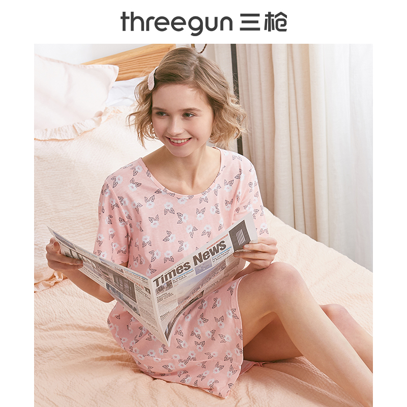 三枪官方旗舰店三枪睡裙女夏季纯棉夏天宽松柔软居家透气短袖全棉女士家居睡衣裙0