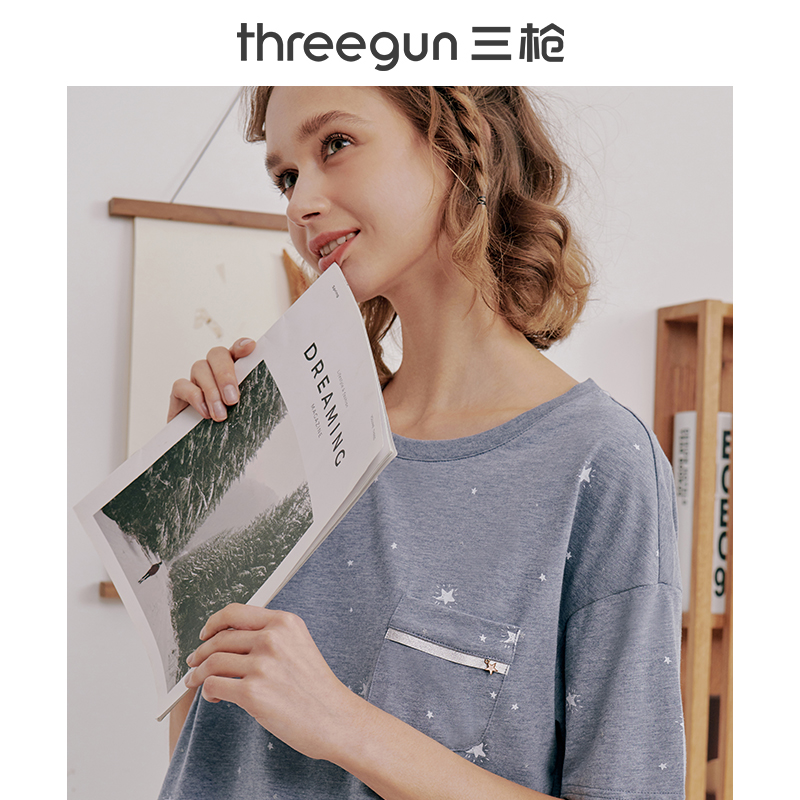 三枪官方旗舰店三枪女士睡衣春夏水柔棉印花宽松短袖中裤居家休闲女家居服套装2