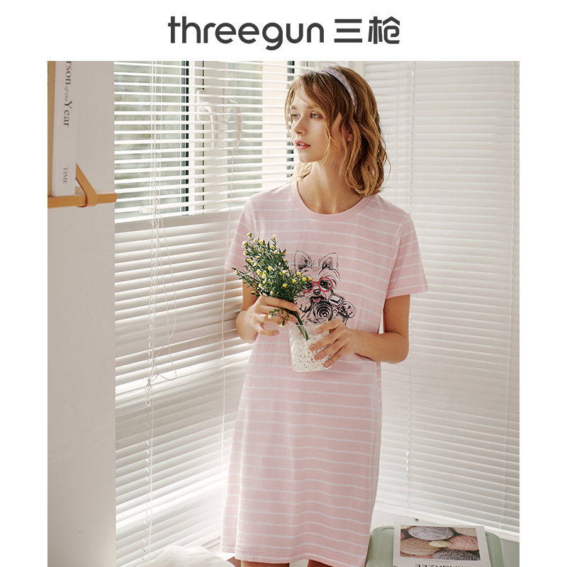 三枪官方旗舰店三枪纯棉睡裙女秋季夏天年新款宽松显瘦短袖睡衣裙可爱家居裙0