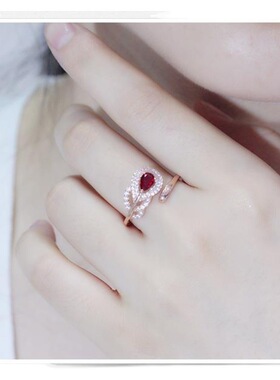 微镶红石羽毛戒指时尚大气纯玫瑰
