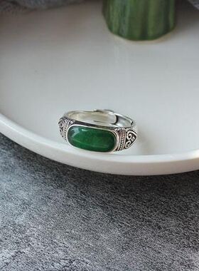 复古个性做旧碧玉花纹时尚简约铁龙生指环百搭开口戒指男女通用款